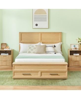Queen Bed w/ Geometric Headboard and Storage Bench