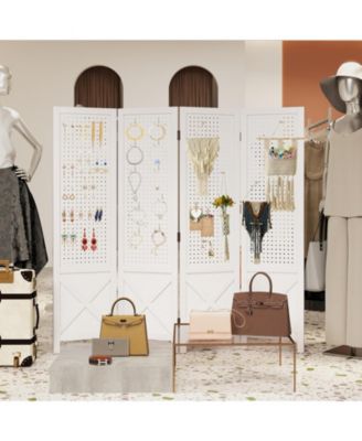 Pegboard Display Stand 4 Panel Folding Room Divider with Wooden Frame