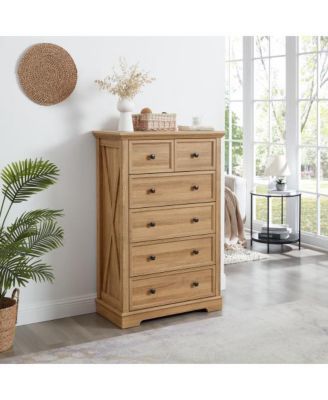 Oak Tone 6 Drawer Tall Dresser Modern Wood Grain Storage Chest Home Organizer