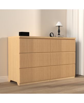Natural Wood 6-Drawer Wave Panel Dresser Storage Cabinet