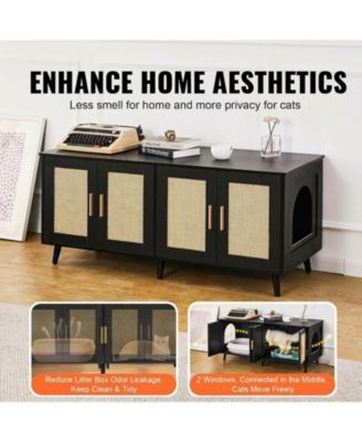 Wooden Cat Litter Box Enclosure for 2 Cats with Rattan Doors