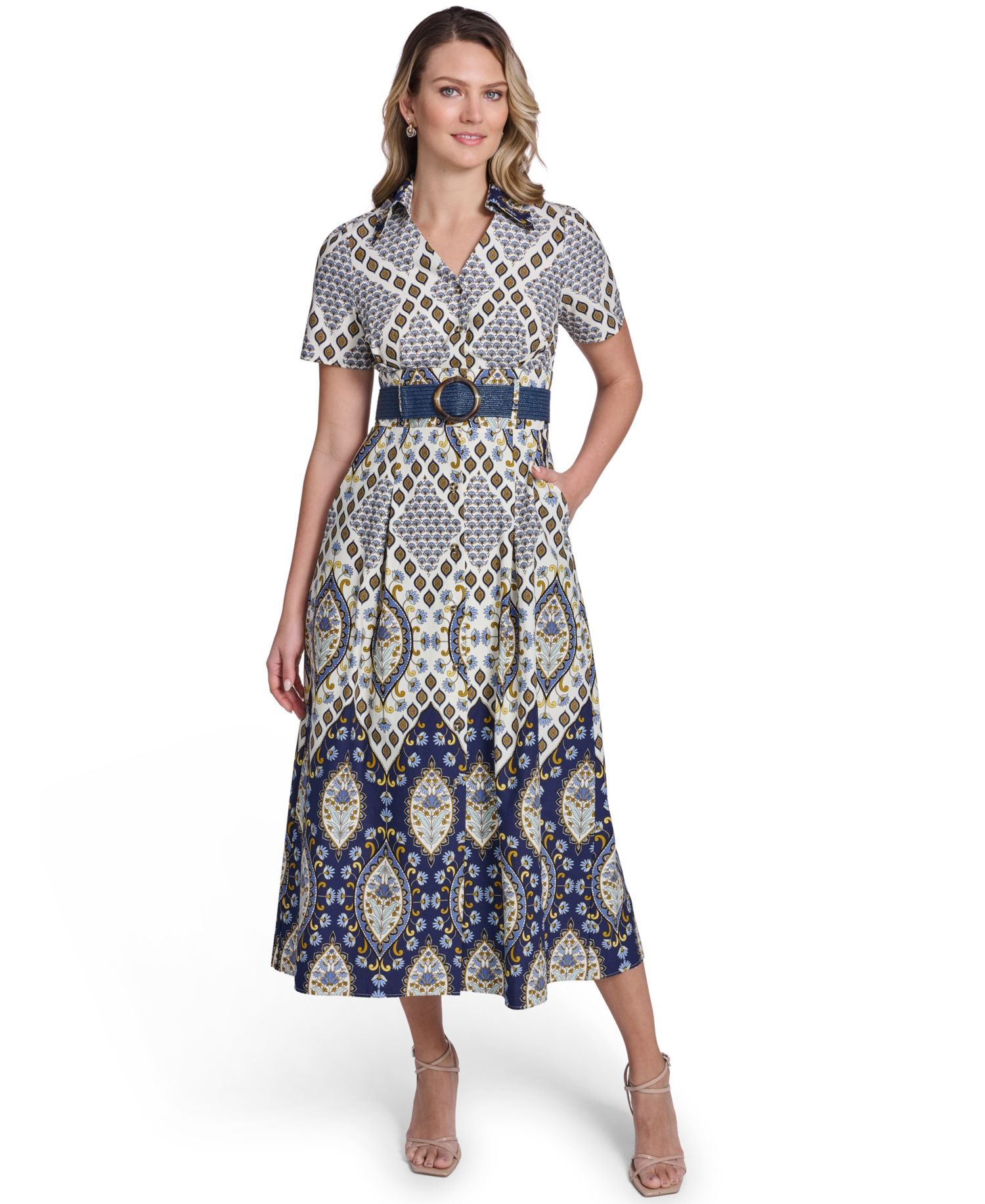 Petite Short-Sleeve Belted Collared Shirt-Dress