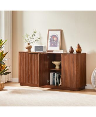 Modern Vertical Stripe Buffet Cabinet, 4-Door Storage Sideboard with Curved Wave Detail and Gold Handles for Living Room