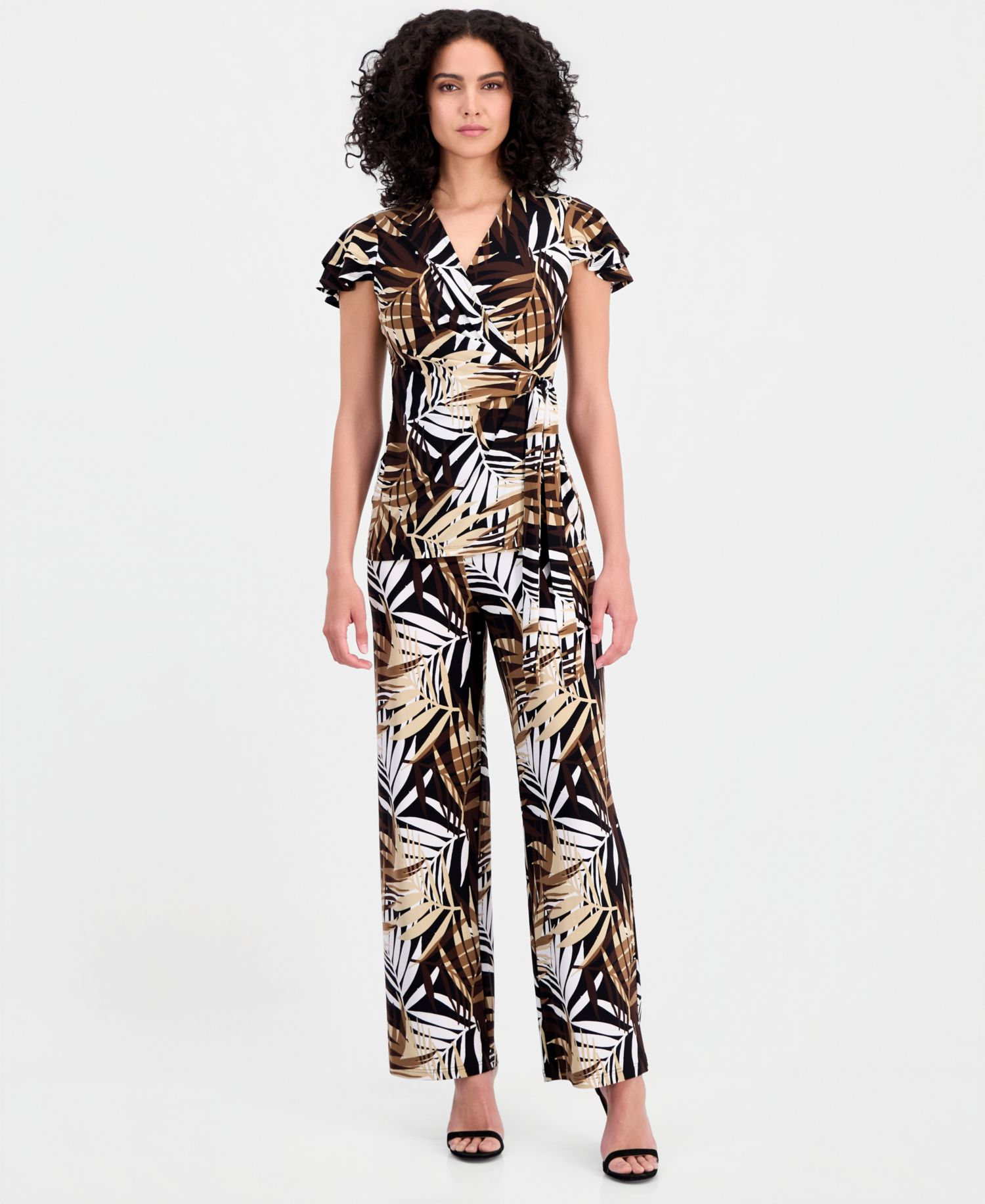 Women's Leo Palm-Print Flutter-Sleeve Wrap Top & Palm-Print Pull-On Wide-Leg Pants