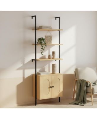 72.5" H Ladder Bookshelf with Cabinet 3-Tier Wall Mounted Rattan Metal Frame Boho Open Storage Display Rack