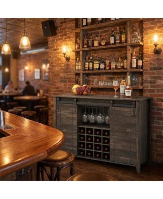 Farmhouse Bar Cabinet with Barn Doors, Wine Storage with Drawer and Open Shelves, Burnt Wood Finish, Home Bar