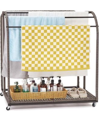 Outdoor Pool Towel Rack with 5 Bars, Durable PE Rattan and Steel, Trapezoid Design, Caster Wheels, Versatile Storage