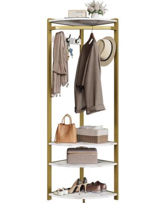 Corner Hallway Coat Rack, Shoe Storage Shelves, 6 Double Hooks, Free-Standing Column for Bedroom, Living Room