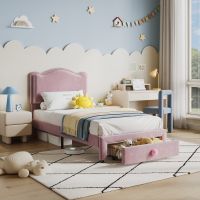 Versatile Scallop Headboard Twin Bed Frame - Upholstered Platform with Storage Drawer - Sturdy Wooden Slats - Noise-Free - Easy Assembly