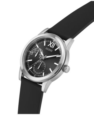 Men's Silver-Tone Stainles Steel Black Silicone Multi-Function Watch, 42mm