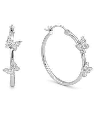 Hoop Earring with Clear Crystal Butterflies in Silver Plate or Gold Plate