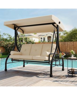 3-seat porch swing with stand, adjustable canopy, 800 lb capacity, cup holder tray, cushions and pillows for outdoor patios.