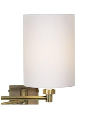 Modern Swing Arm Wall Lamp with Cord Cover Antique Brass Plug-In Light Fixture White Cotton Cylinder Shade Bedroom