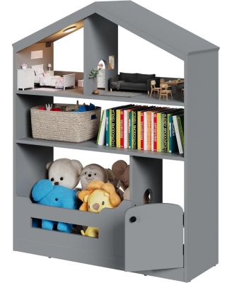Kids Bookshelf and Toy Storage, Wooden Bookcase with Motion Sensor Light, Dollhouse Bookcase for Playroom, Bedroom, Nursery