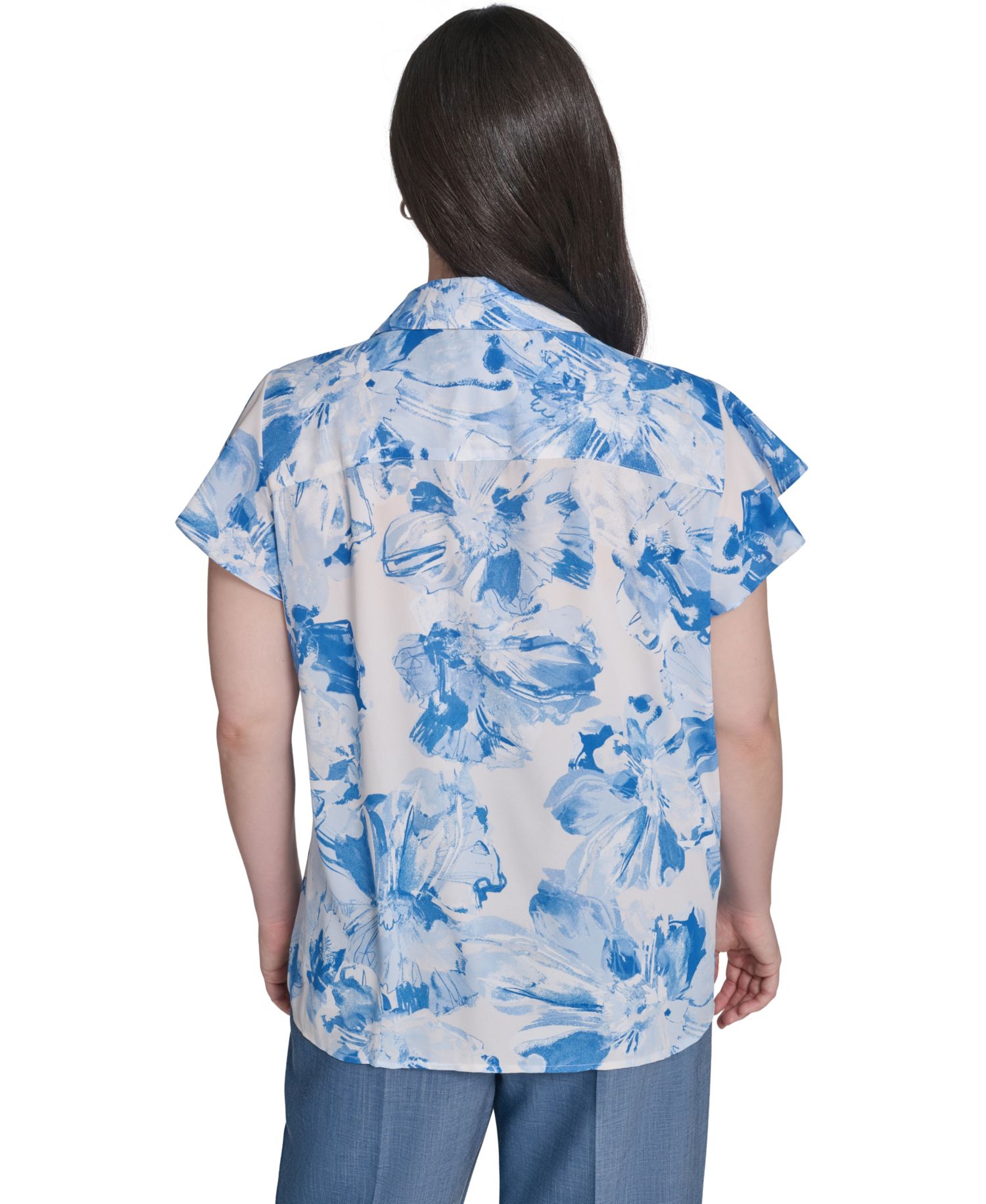 Plus Size Cap-Sleeve Ruffle-Front Collared Top