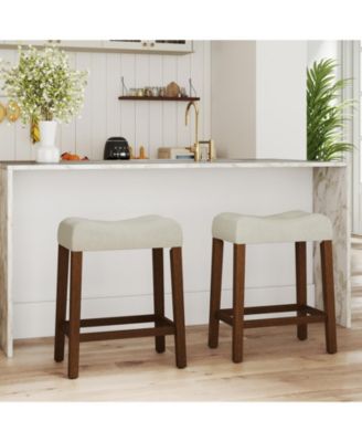 24 Saddle Bar Stools Set of 4 w/ Footrest Rubber Wood Frame for Kitchen Island