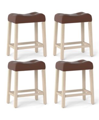 24 Saddle Bar Stools Set of 4 w/ Footrest Rubber Wood Frame for Kitchen Island