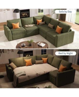 Corduroy U Shaped Sectional Sleeper Sofa with Pull Out Bed, Storage Seat & Ottoman