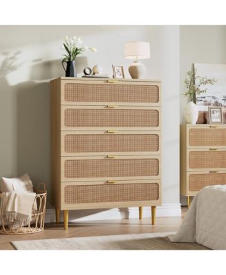 Rattan Dresser with 5 Drawers, Tall Modern Closet with Deep Storage, Large Chest of Drawers with Wide Top