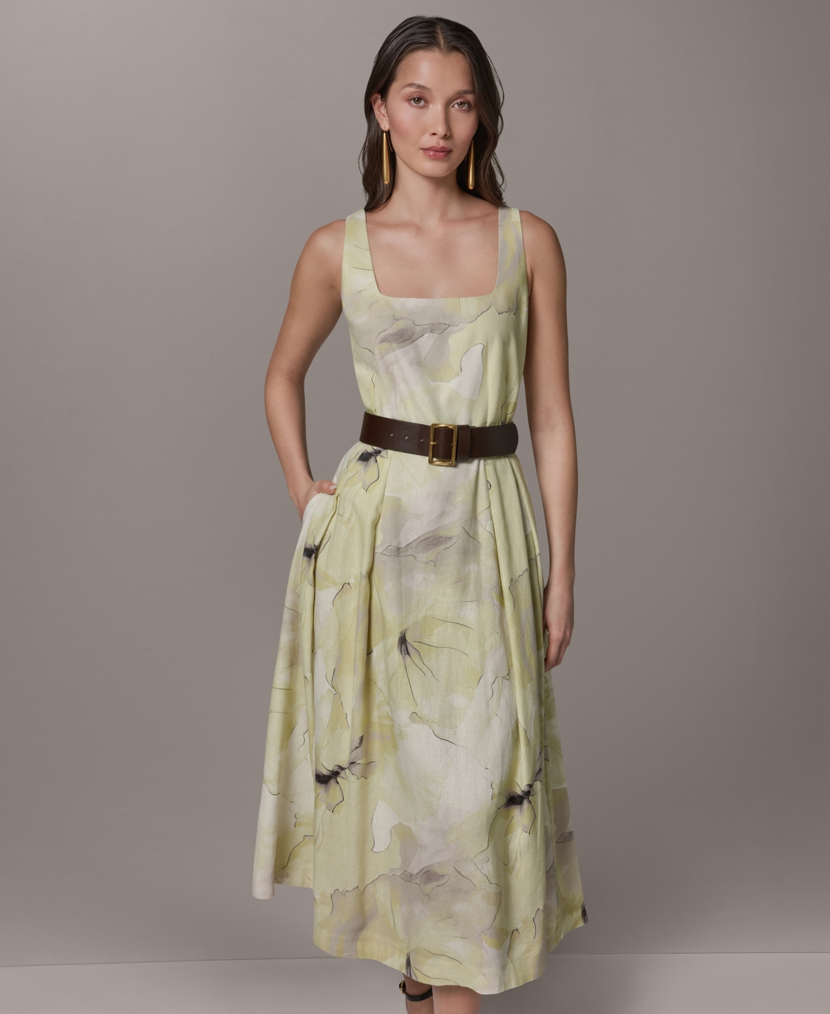 Donna Karan New York Women's Printed Square Neck Midi Dress - Citrus Green