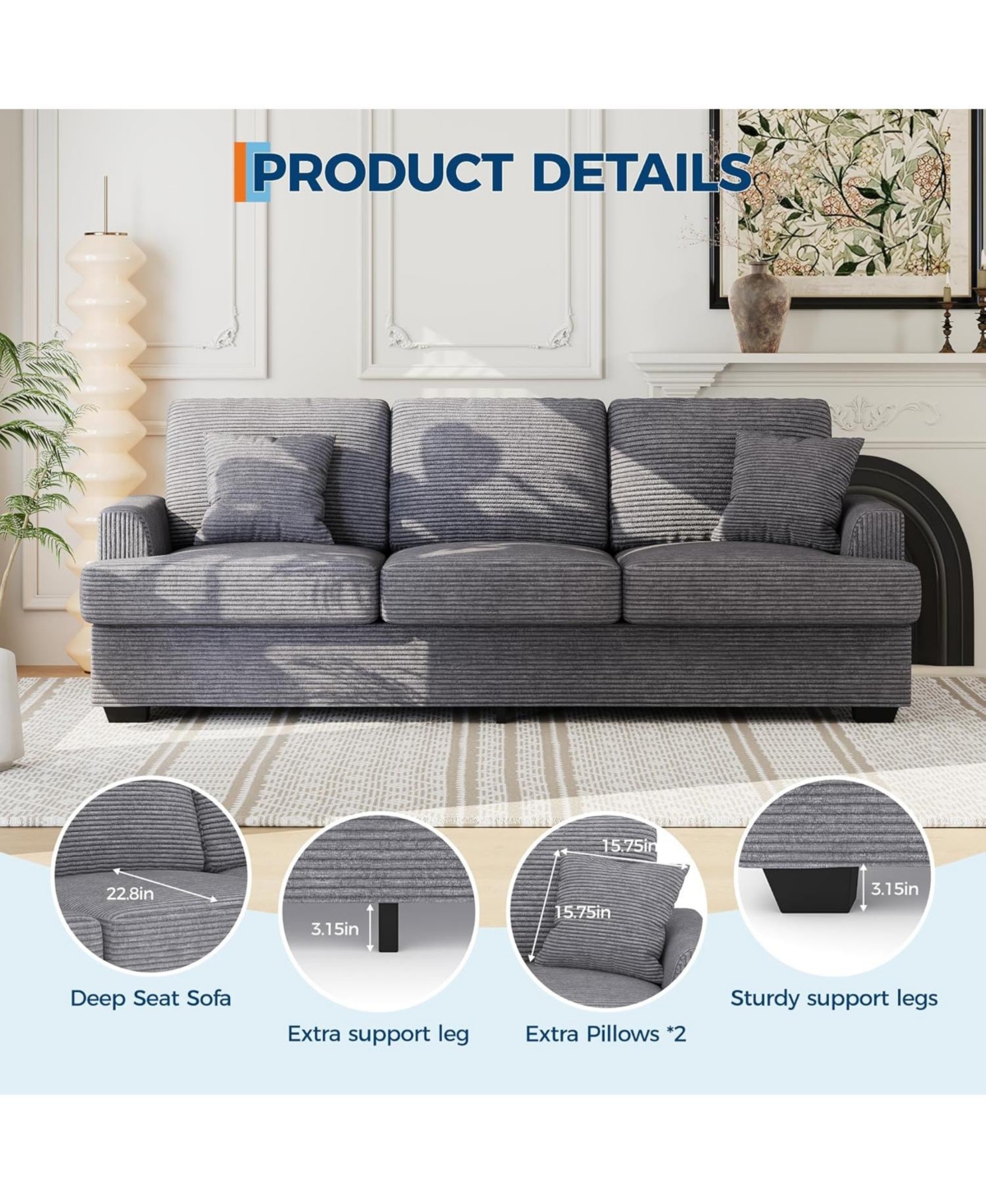 gaomon Modern Sofa with 2 Throw Pillows, Deep Seat Couch Upholstered Cushion & Removable Cover