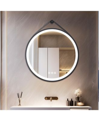 32" Circle Hanging Vanity Mirror for Wall with Leather Strap 3 Colors Dimmable for Bedroom Entryway
