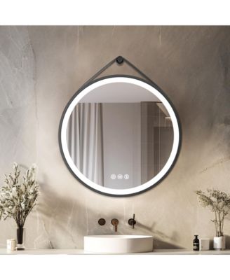 32" Circle Hanging Vanity Mirror for Wall with Leather Strap 3 Colors Dimmable for Bedroom Entryway