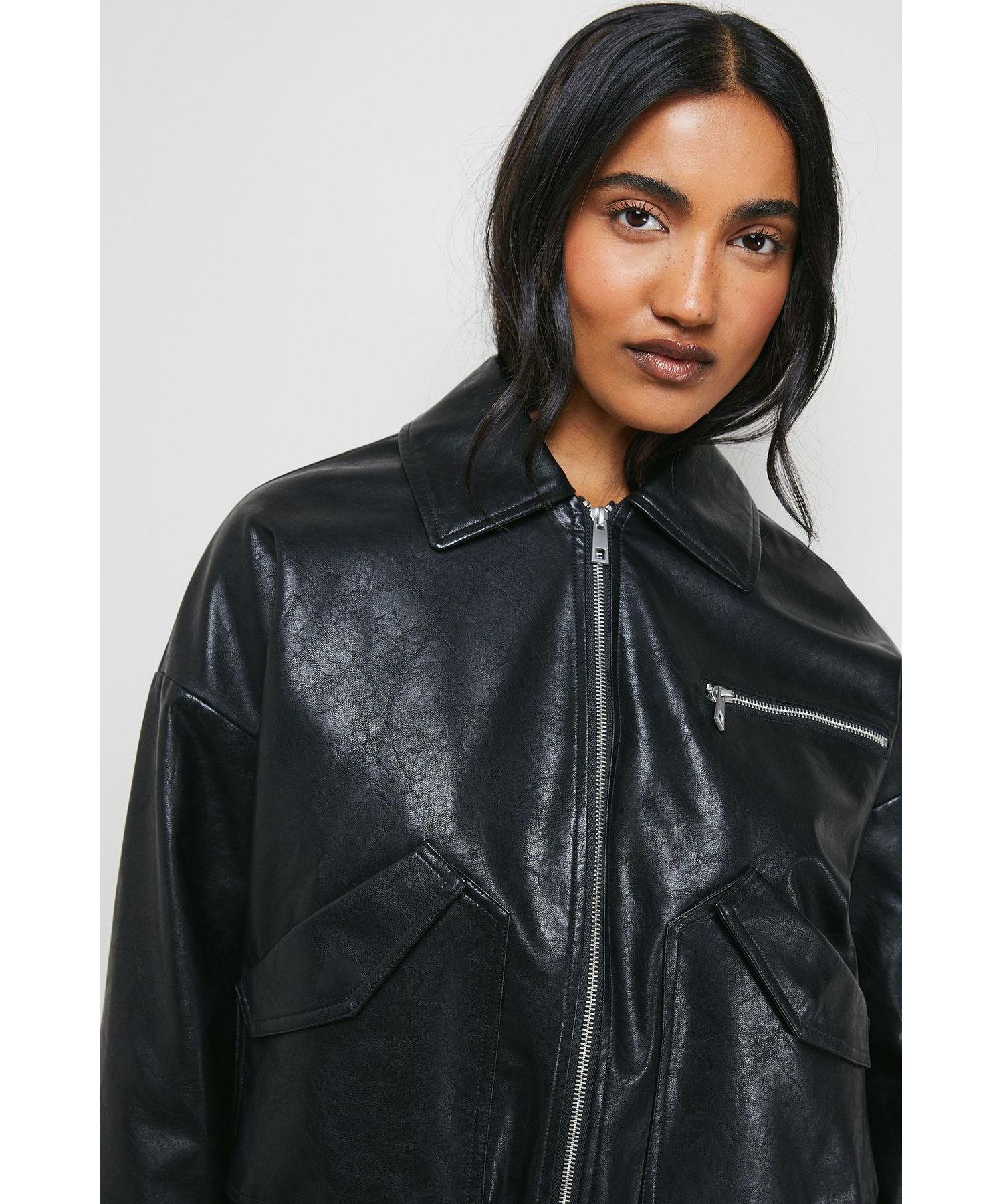 Women's Faux Leather Distressed Bomber Jacket