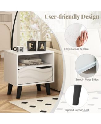 Nightstand Mid Century Modern Bedside Table with 3D Wavy Pattern and Open Shelf