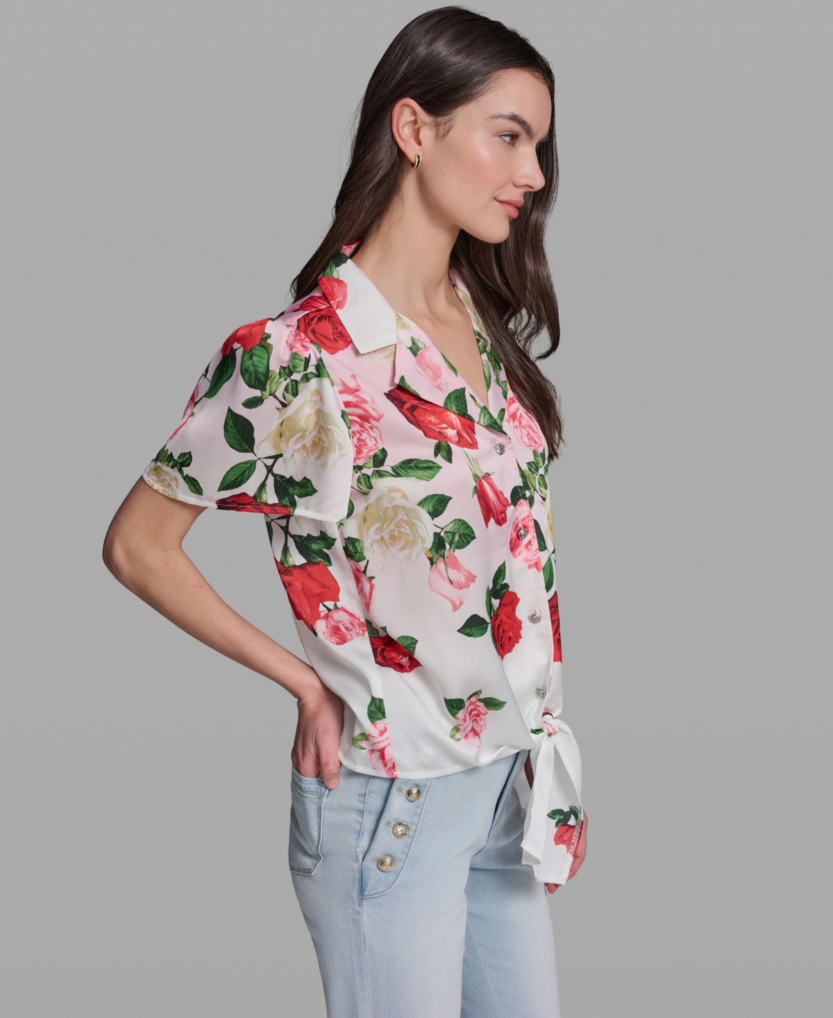 Karl Lagerfeld Paris Women's Printed Collared Tie-Front Polyester Top
