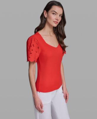 Women's Eyelet Mix Media V-Neck Top