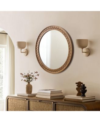 25.8'' Round Wall Mirror, Carved Rubberwood Frame, Living Room Wall Accent