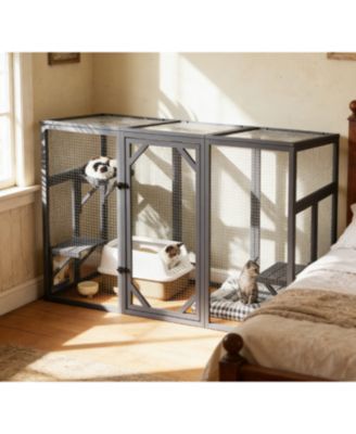 Outdoor Wooden Cat Enclosure with 3-Tier Catio, Lockable Door, Sun Roof, Spacious Play Area
