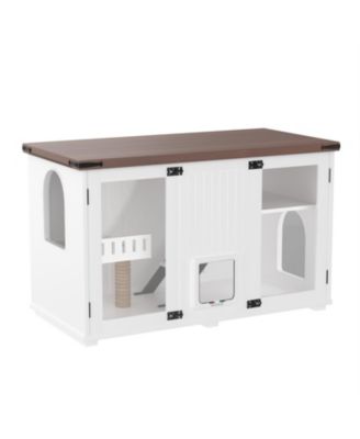  47.25" LED Light Litter Box Enclosure with Hidden Cat Furniture Cabinet, Stairway Scratching Post and Smart Doors