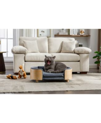 Scandinavian Style Elevated Cat Bed with Solid Wood Legs Velvet Cushion Mid Size