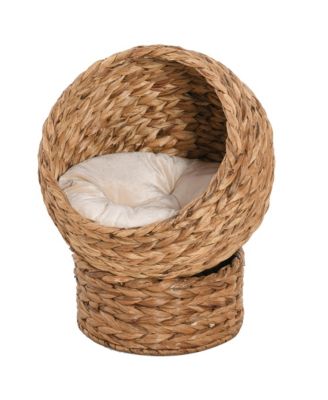 Handwoven Cat Retreat: Elevated Bed with Soft Cushion and Egg-Shaped Design, Wicker Frame with Stand