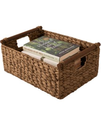 Wicker Storage Basket, Shelf Basket w/ Wooden Handles, Rectangular Storage Bin