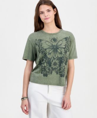 Juniors' Butterfly Mineral-Wash Round-Neck Tee