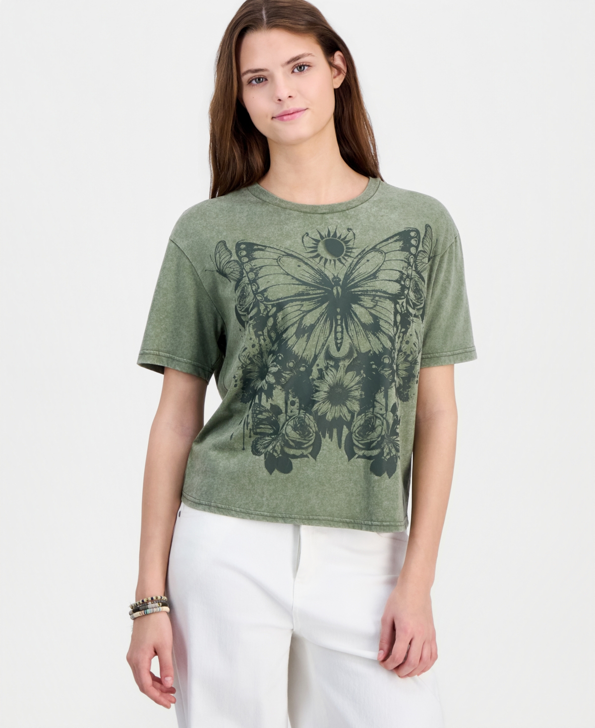 Rebellious One Juniors' Butterfly Mineral-Wash Round-Neck Tee