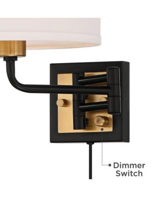 Joelle Modern Swing Arm Wall Lamps Set of 2 Brass Black Plug-in Light Fixture Fabric Drum Shade for Bedroom Bedside Living Room Reading