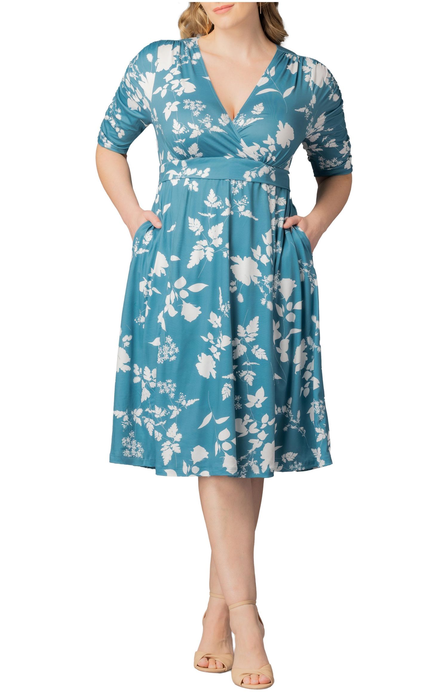 Plus Size Gabriella Ruched Sleeve Midi Dress with Pockets