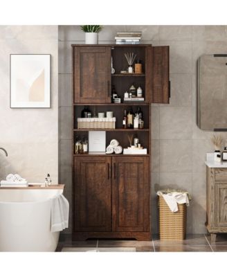 67" Tall Bathroom Cabinet, Freestanding Wooden Storage with 4 Doors, 2 Open Compartments, Adjustable Shelves, Microwave Stand