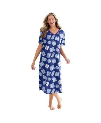 Women's Dreams and Co. V-Neck Short Sleeve Midi Cotton Sleep Shirt