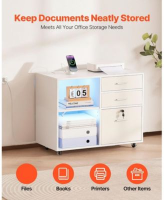 3 Drawer Wooden File Cabinet, Mobile Filing Cabinet with Light Strip, Lockable Rolling File Storage with Adjustable Shelves and 5 Wheels, Free