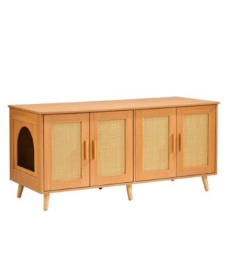 Cat Litter Box Enclosure for 2 Cats, Litter Box Furniture Hidden with Rattan Decorated Doors, Wooden Cat Box Cabinet Fit Most of Litter Box