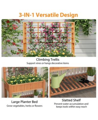 Fir Wood Raised Garden Bed with Trellis and Storage Shelf, 45 x 23 x 59 in Elevated Planter