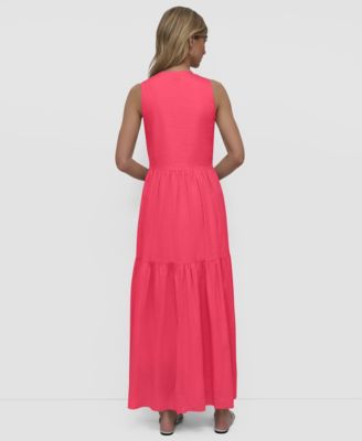 Women's Sleeveless Keyhole Crewneck Tiered Maxi Dress