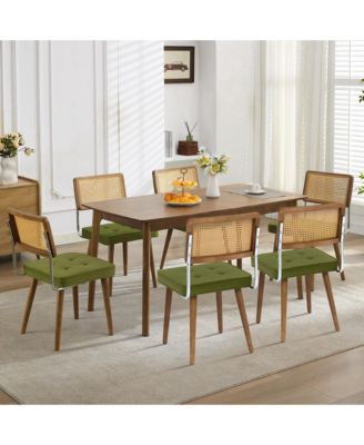 Set of 6 Rattan Dining Chairs with Upholstered Seat and Solid Wood Legs, Modern Boho Kitchen Seating
