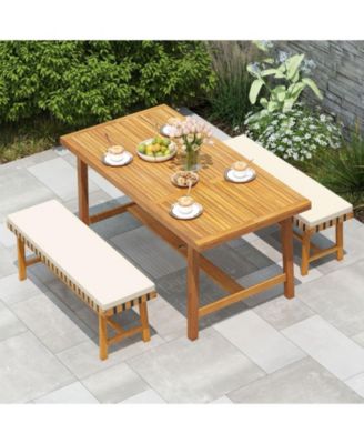 3-Piece Farmhouse Patio Dining Set with 63 in Acacia Wood Table, 2 Cushioned Benches