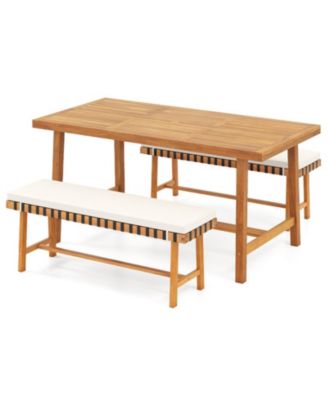 3-Piece Farmhouse Patio Dining Set with 63 in Acacia Wood Table, 2 Cushioned Benches